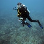 A diver carries equipment to a survey site underwater