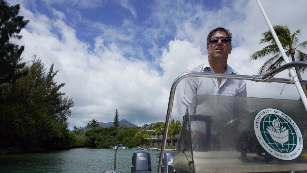 Eric Hochberg, principal investigator of the CORAL mission, steers the research boat in Kaneohe Bay. Credit: NASA/James Round