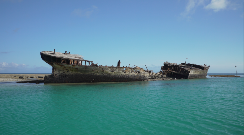 The shipwreck of the HMCS, Australia’s first official naval vessel, lies at the entrance to Heron Island’s harbor. The wreck was placed there many years ago to serve as a breakwater for small craft visiting the island. Credit: Jim Round/NASA JPL